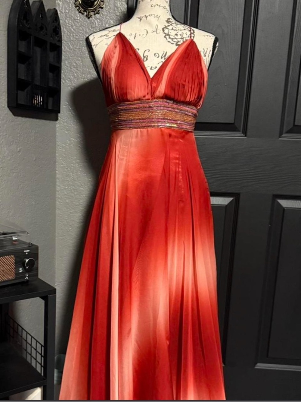 Red Satin Spaghetti-Strap Maxi Dress with Embellished Waist
